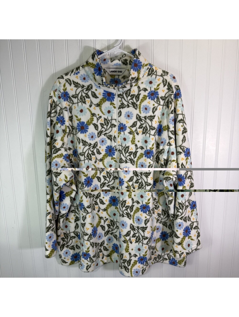 Lands’ End Anyweather Fleece Quarter Zip Pullover Ivory Blue Floral Plus Size 3X